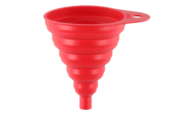 Ihopfållbar tratt av silikone, röd