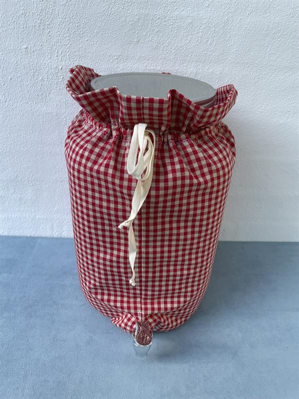 Vinäger kruka av glas med tappekran, rødternet stof, 8 liter